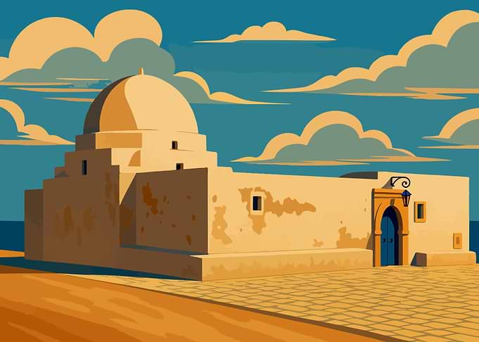 Tunisian Architecture with Dome and Clouds