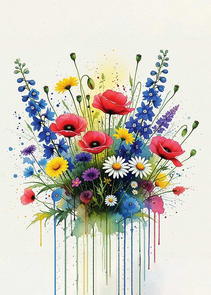 Watercolor Floral Bouquet with Dripping Paint
