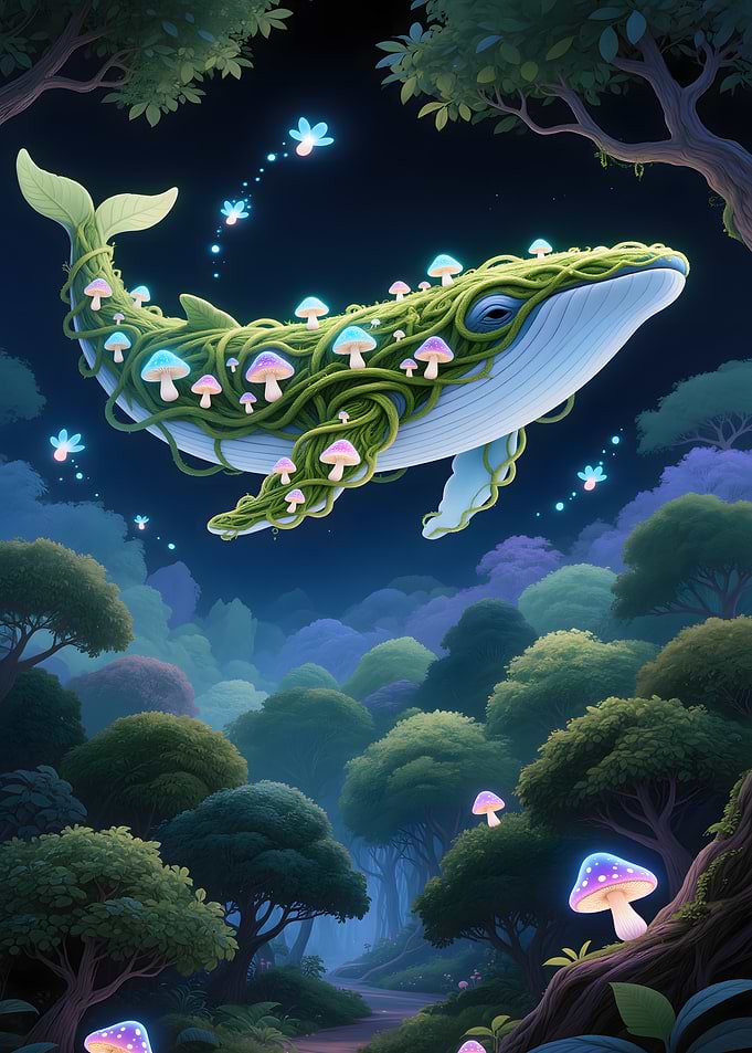 Whale with Mushrooms in Enchanted Forest
