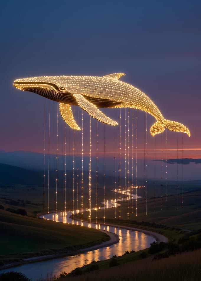 Glowing Whale Over Landscape
