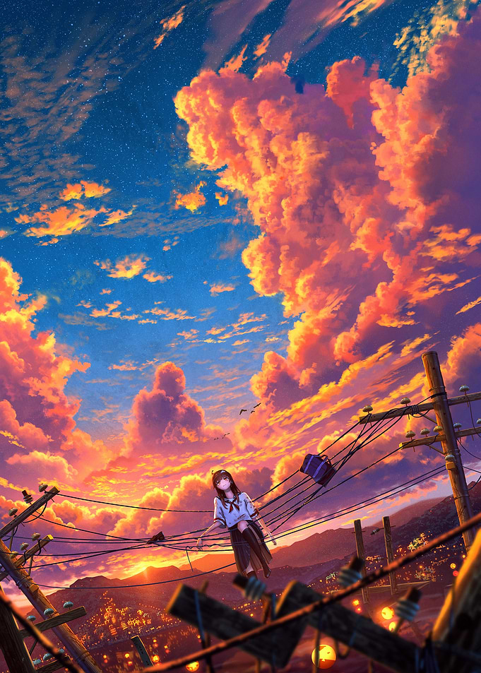 Anime Girl on Power Lines Sunset