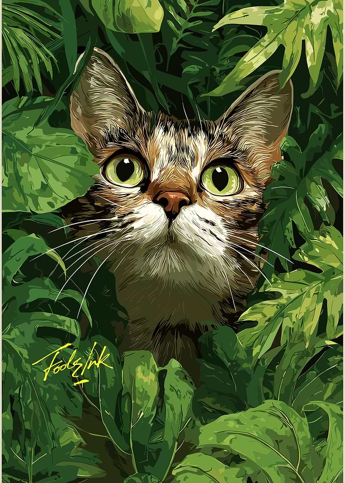 Cat in Jungle Foliage Illustration