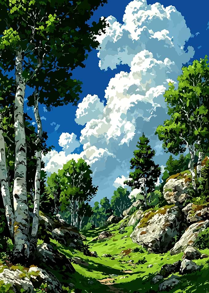 Lush Green Forest Landscape with Blue Sky