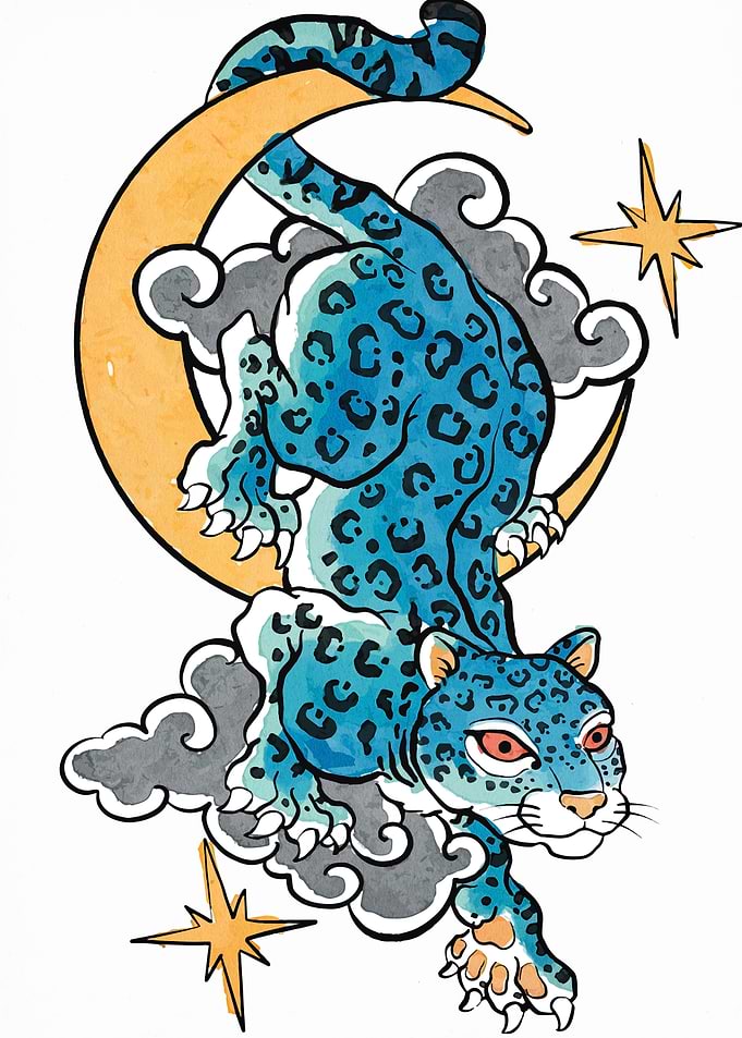 Blue Leopard on Moon and Clouds