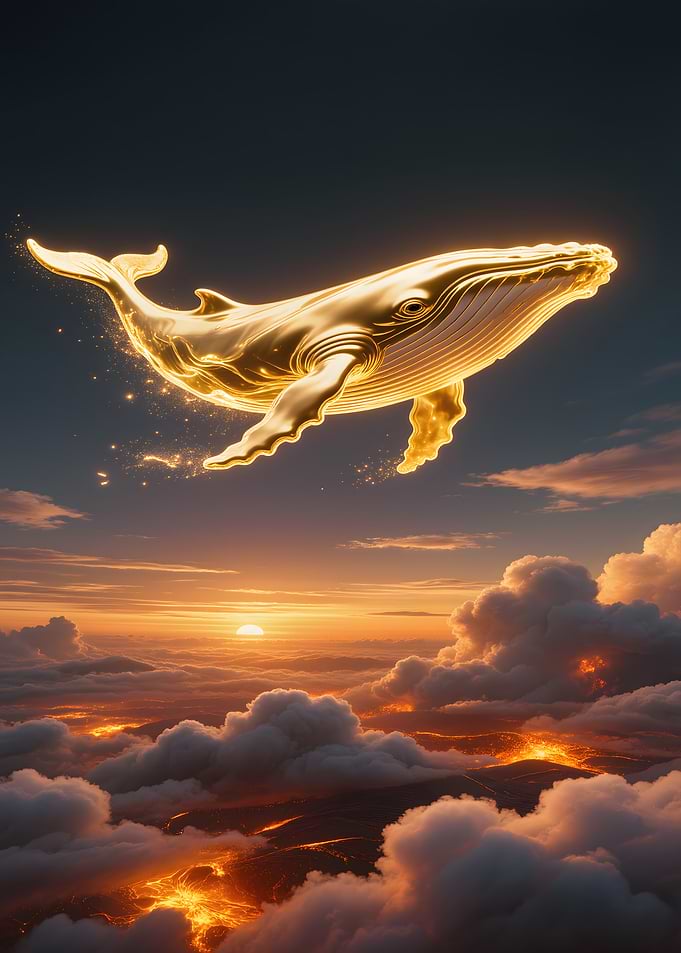 Golden Whale Flying Over Fiery Clouds