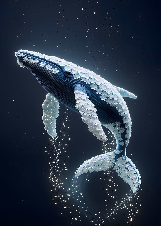Floral Whale in Deep Blue