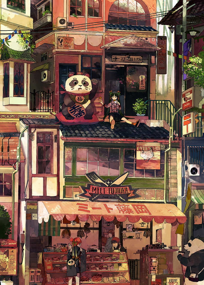 Anime-style Japanese Townscape with Panda