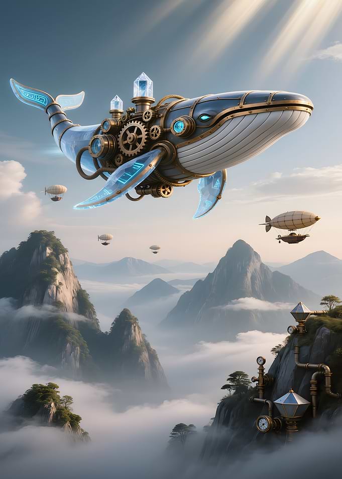 Steampunk Whale Airship Over Misty Mountains