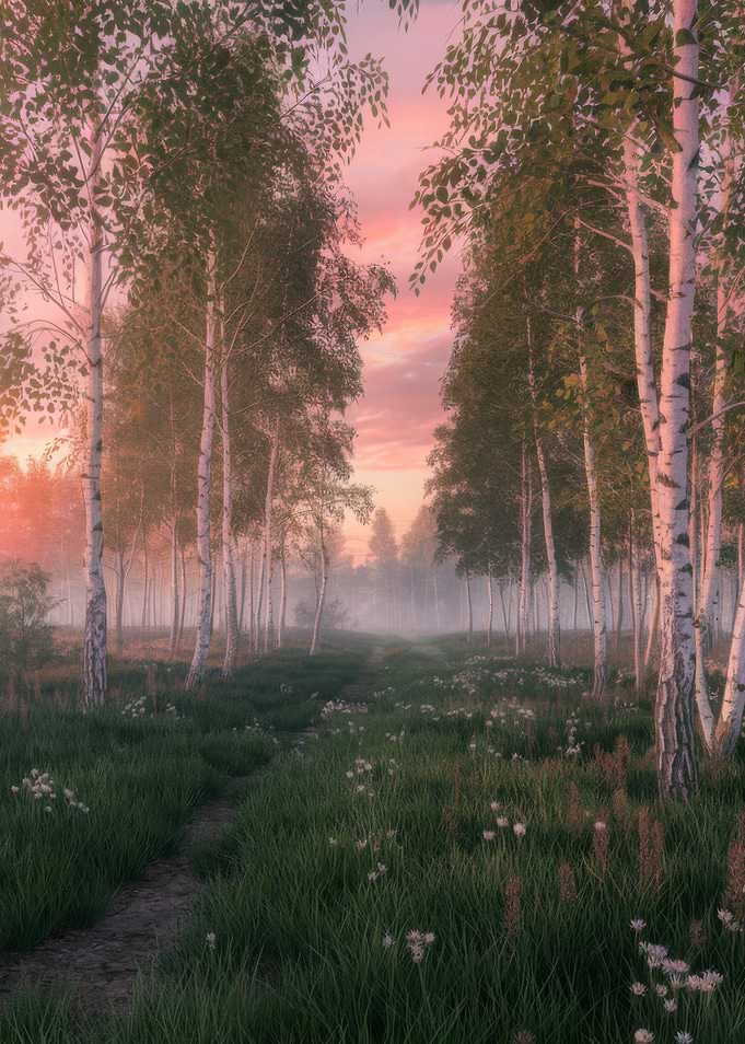 Birch Forest Path at Sunset