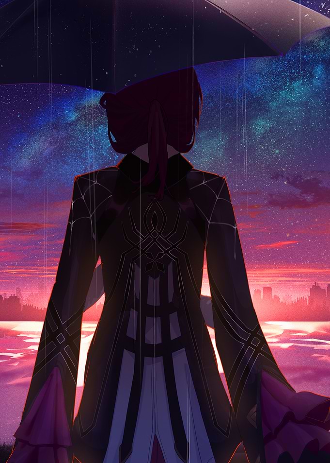honkai Character in Rain with Umbrella