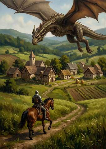 Knight, Horse, and Dragon over Village
