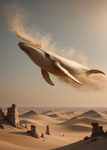 Whale flying over desert landscape