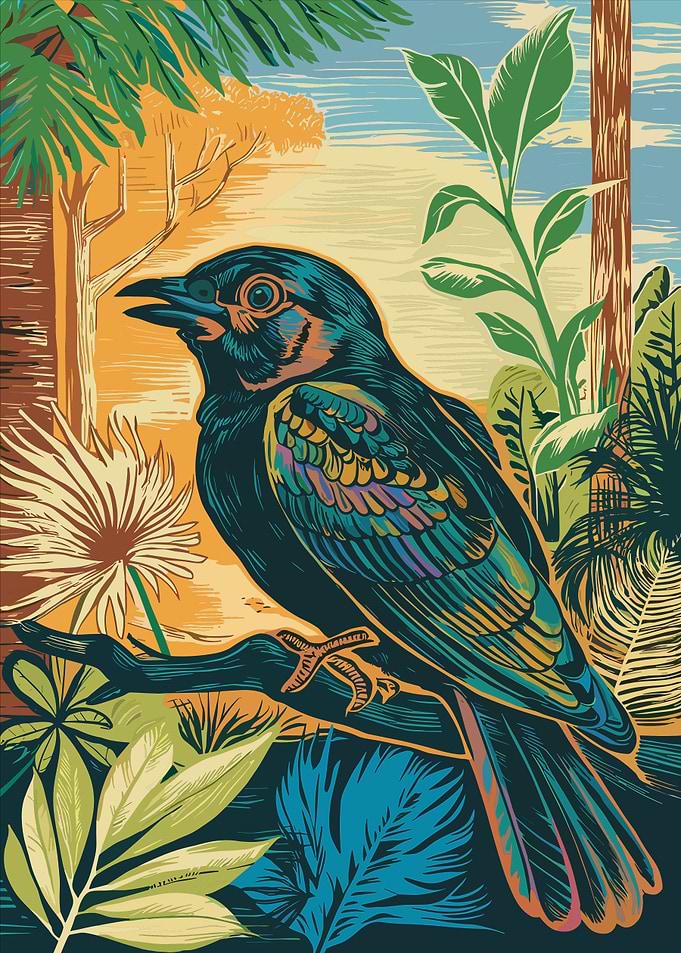 Tropical Black Bird Botanical Illustration