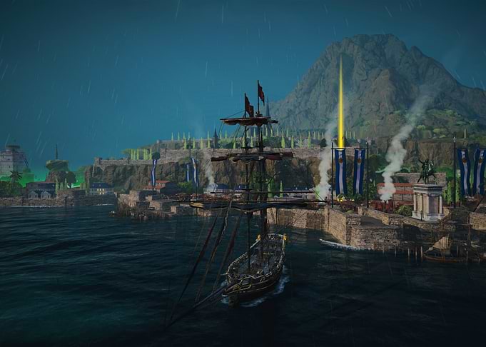 Ship Arriving at Coastal City