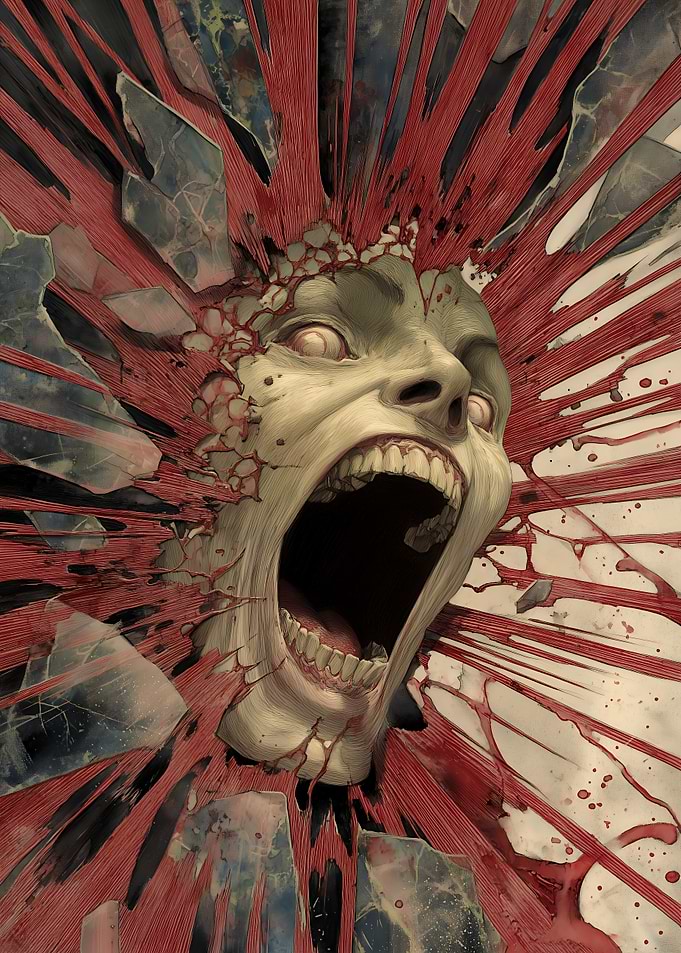 Screaming Face Through Shattered Glass