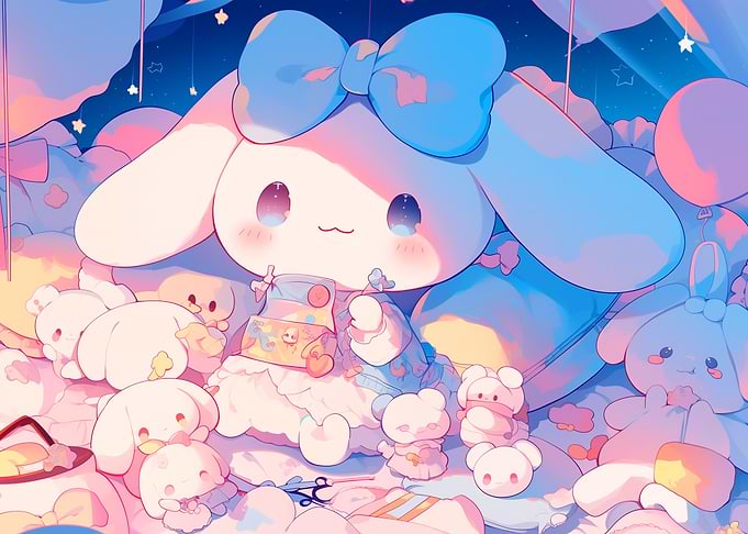 Cinnamoroll surrounded by plushies