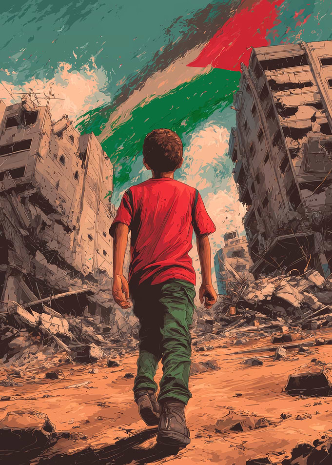 Boy Walking Through War-Torn Cityscape