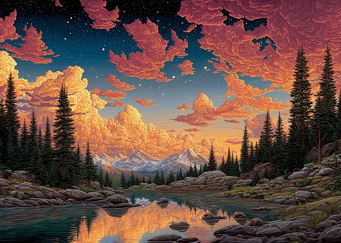 Mountain Lake Sunset Landscape Painting