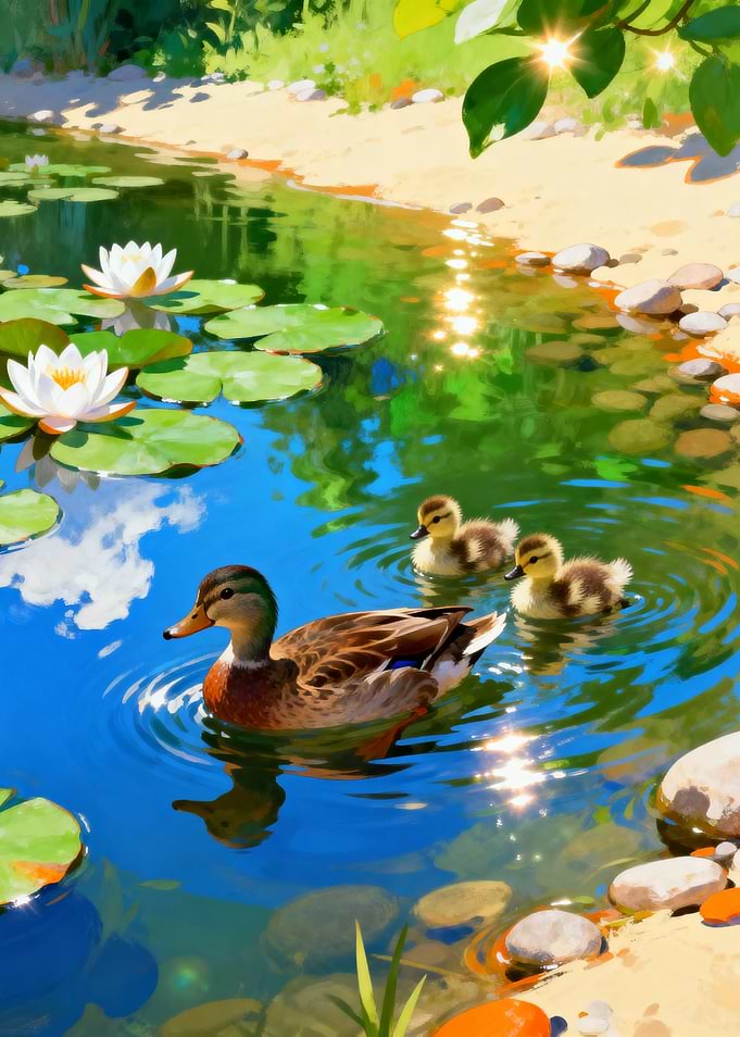 Duck and Ducklings in Pond