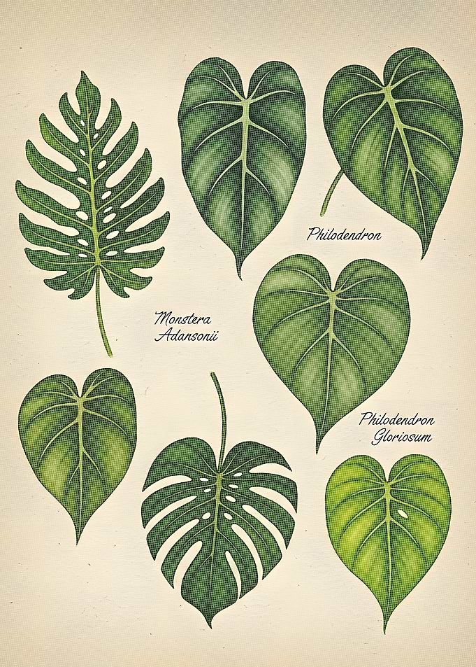 Botanical Illustration of Monstera and Philodendron