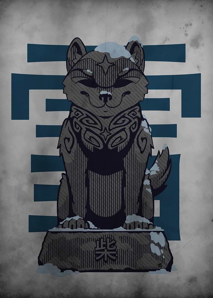 Shiba Inu/ Akita Statue with Japanese Symbol