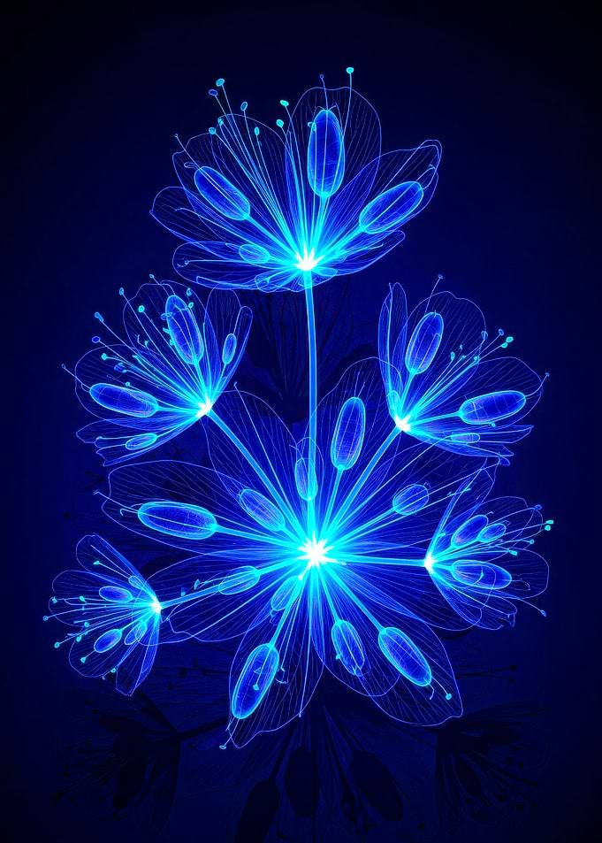 Glowing Blue Floral Arrangement on Dark