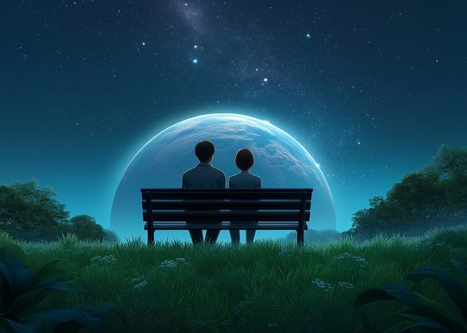 Couple on bench under starry sky