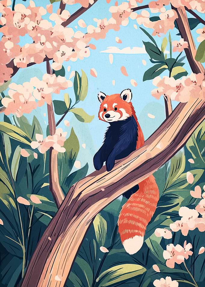 Red Panda in Cherry Blossom Tree