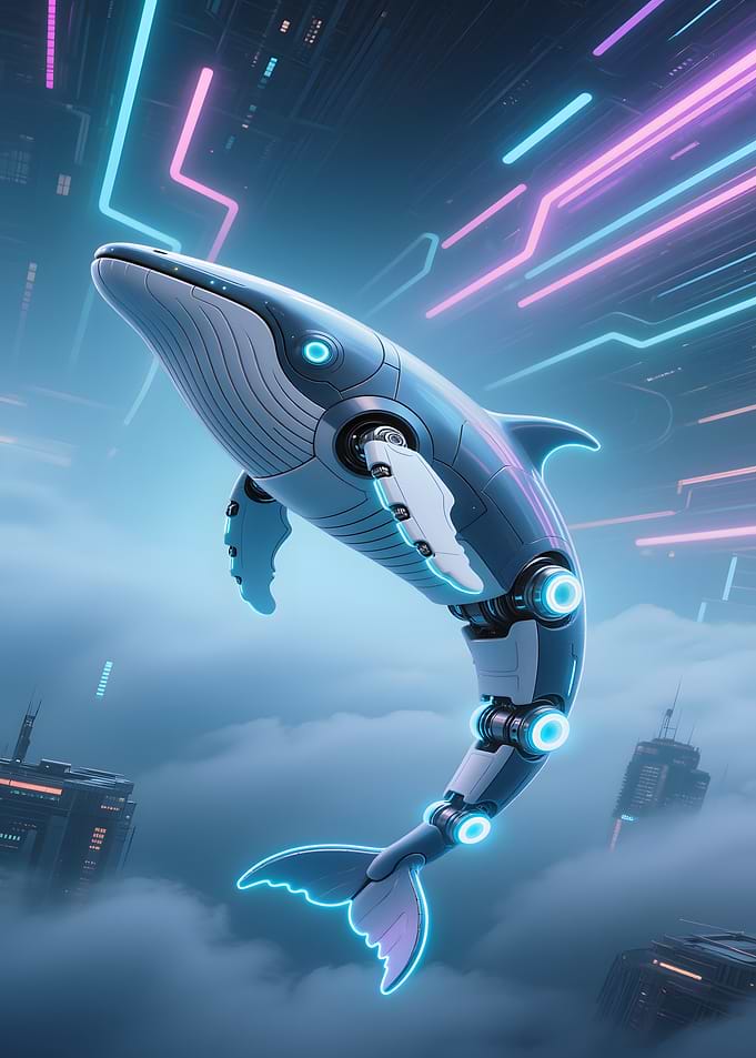 Cybernetic Whale in Futuristic Cityscape