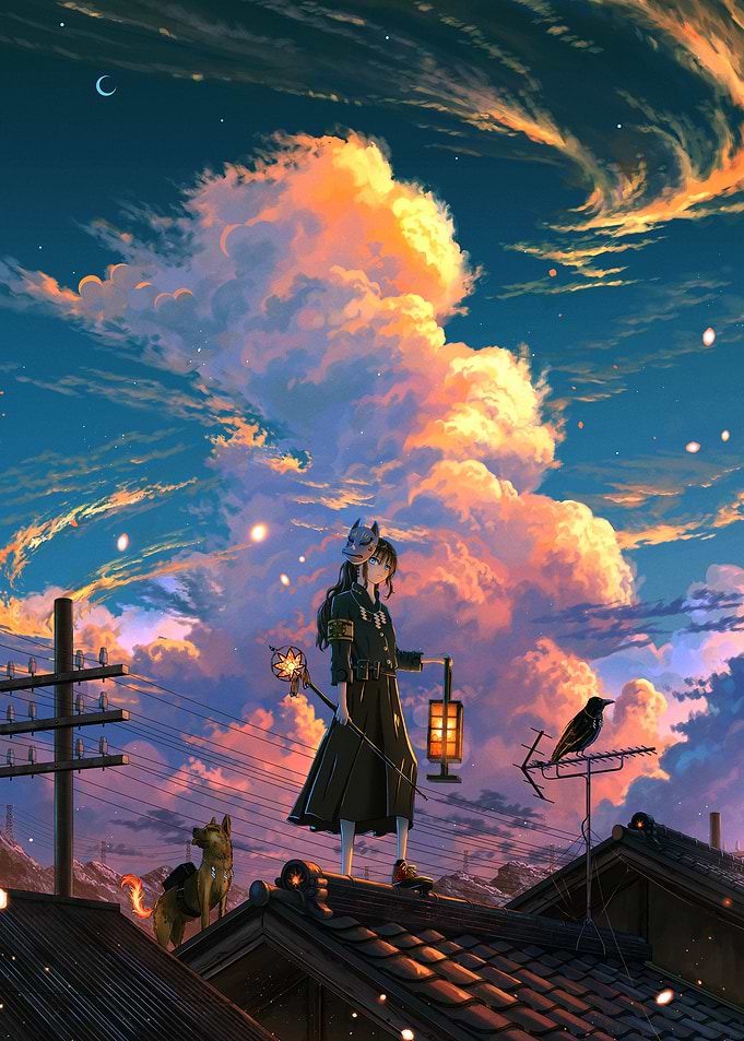 Rooftop Guardian with Lantern and Companions
