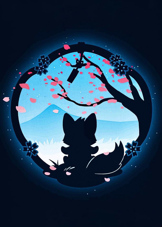 Fox Silhouette with Cherry Blossoms