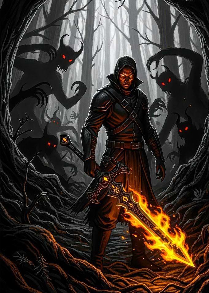 Hooded Warrior with Fiery Sword