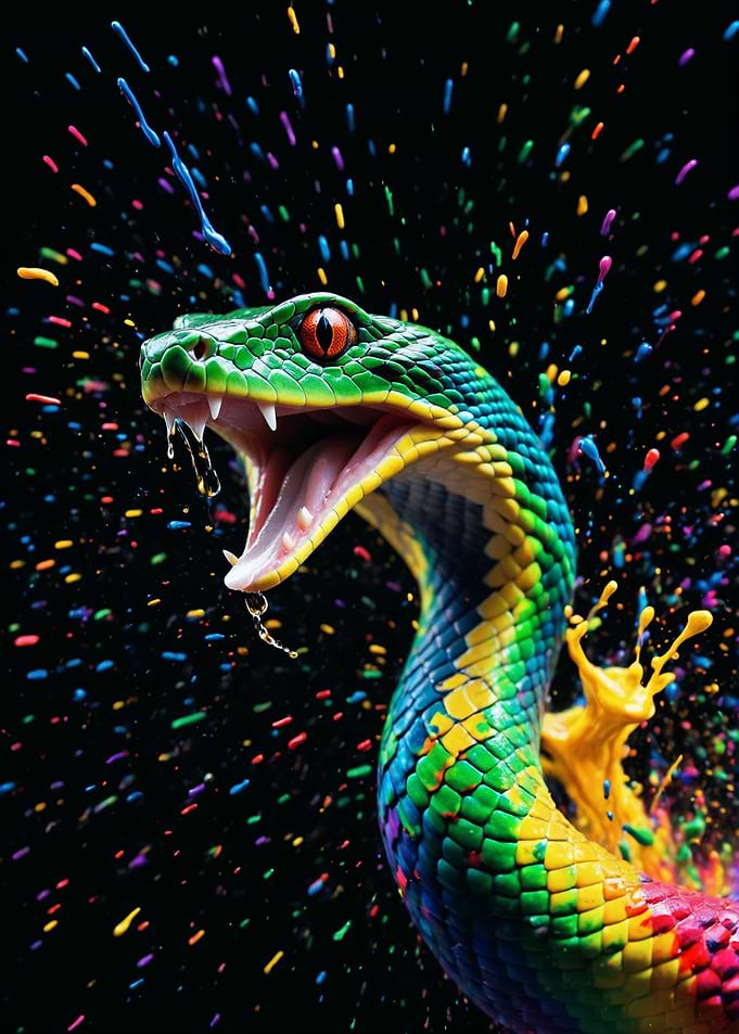 Colorful Venomous Snake with Paint Splatter