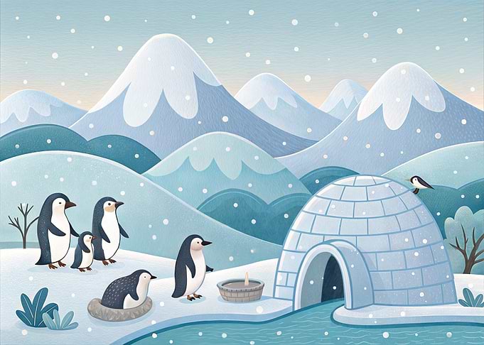 Penguin Family in Snowy Landscape