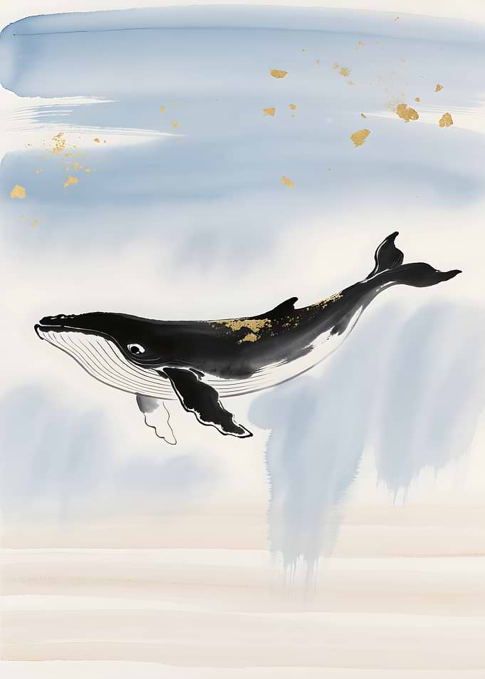 Whale in Watercolor with Gold Accents