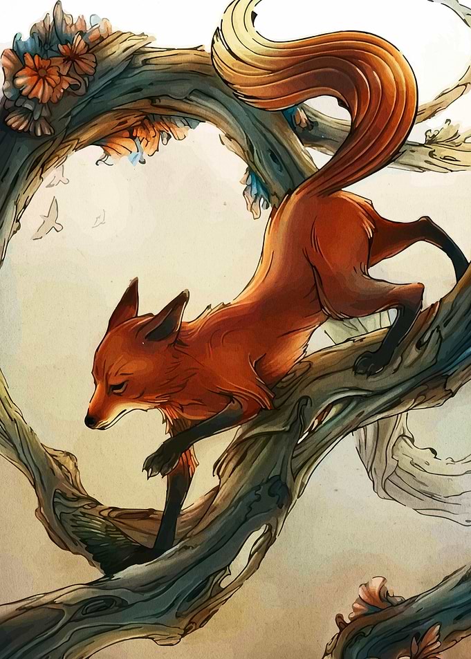 Fox on Branch Illustration