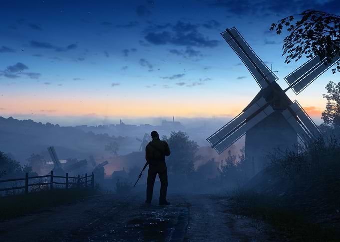 Soldier and Windmills at Dusk