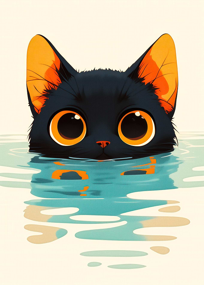 Cartoon Black Cat Swimming