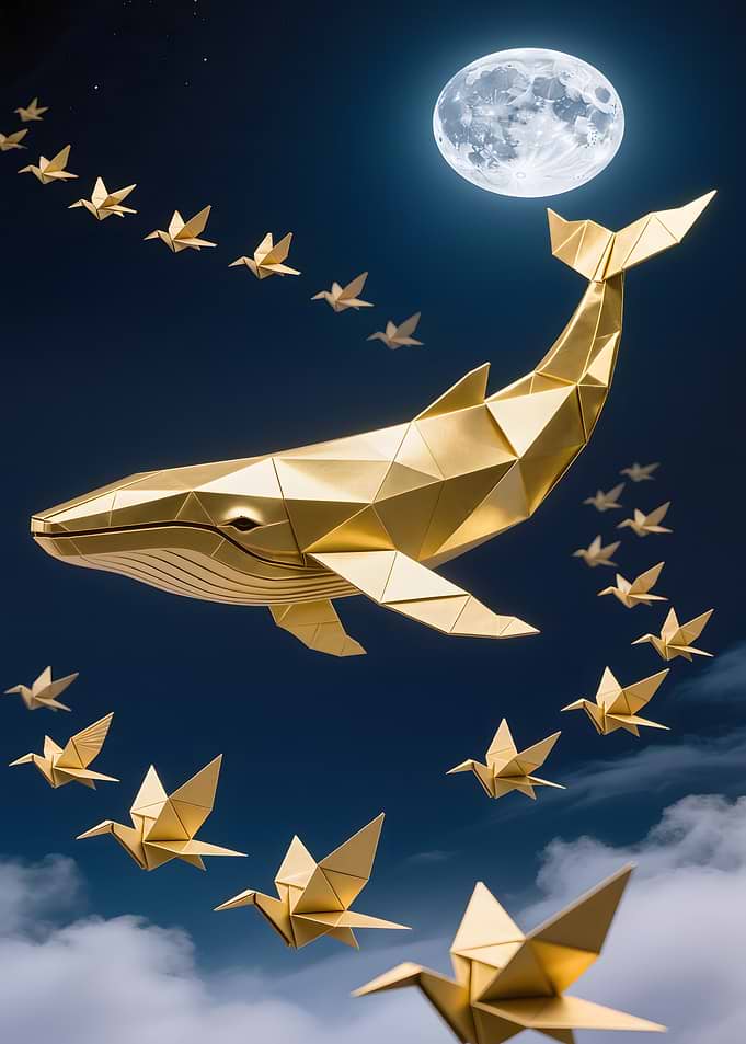 Golden Origami Whale and Cranes