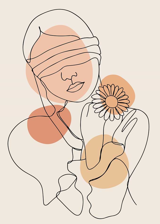 Blindfolded Woman with Flower Line Art