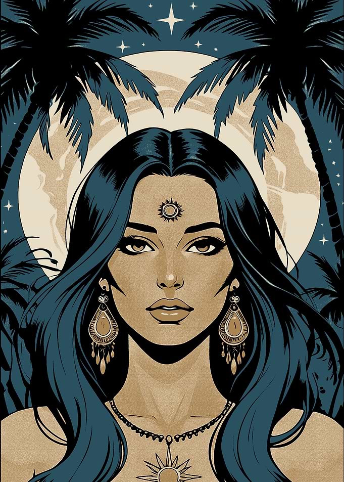 Woman with Sun Symbol and Palms