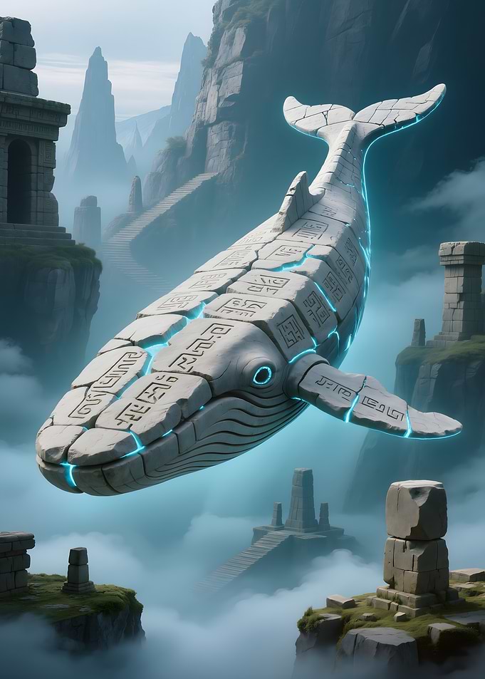 Stone Whale in Misty Mountain Landscape