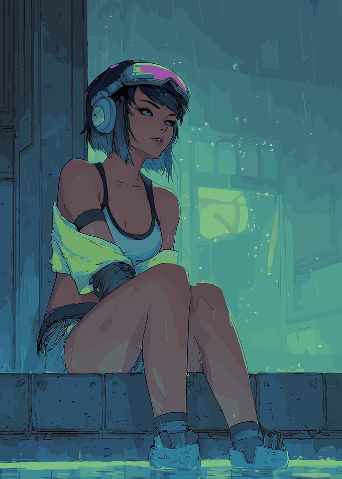 Cyberpunk Neon Girl in the Rain