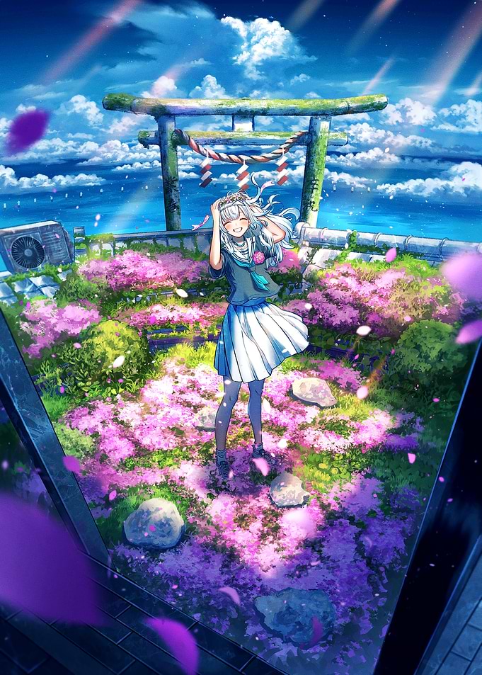 Anime Girl at Torii Gate with Flowers