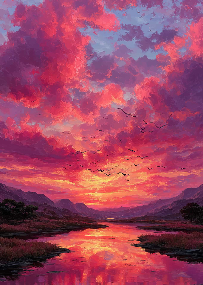 Vibrant Sunset Landscape with Birds
