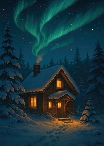Winter Cabin Under Aurora Borealis