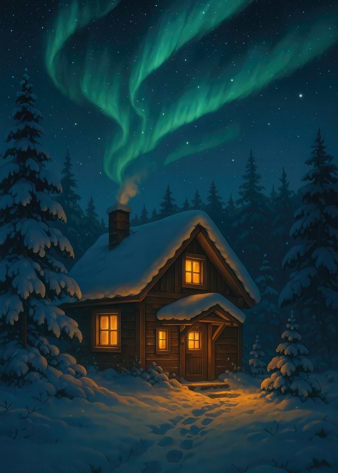 Winter Cabin Under Aurora Borealis