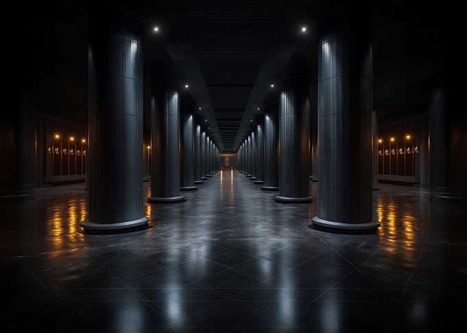 Dark Hallway with Columns and Lights
