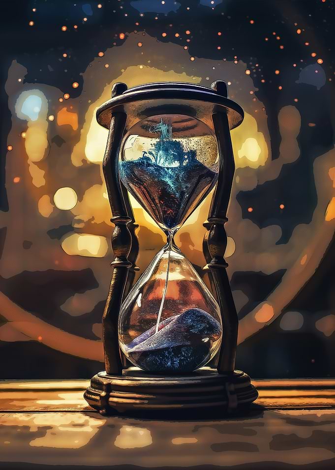 Hourglass with Blue Sand and Cityscape
