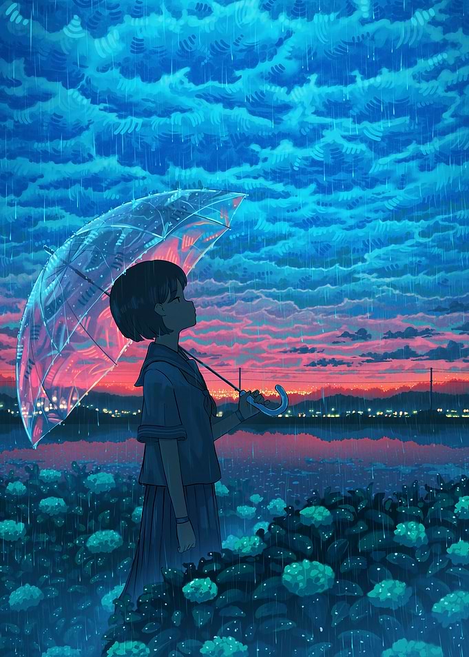 Girl with Umbrella in Rainy Landscape